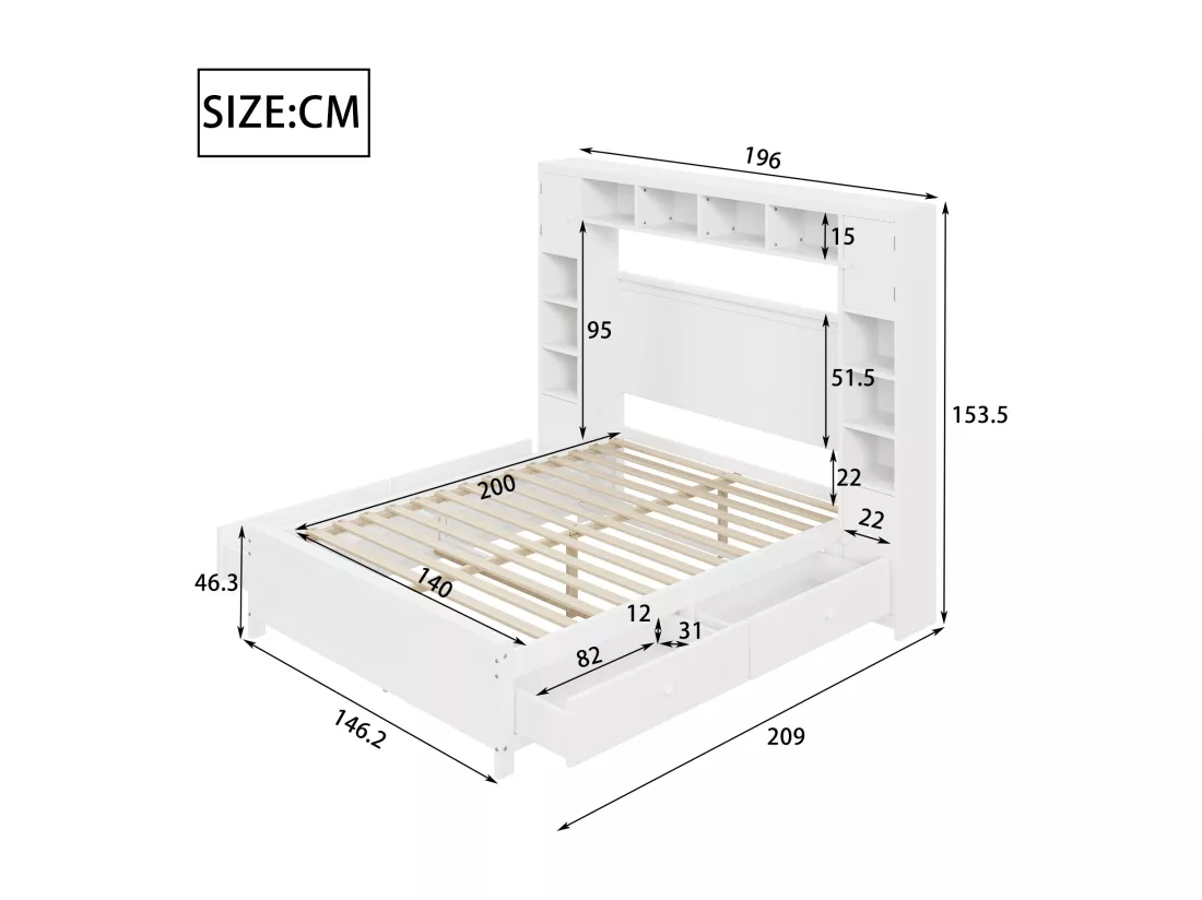 Lit 140 x 200 cm avec 4 tiroirs et rangement - Bois massif - Décor blanc - CONAN
