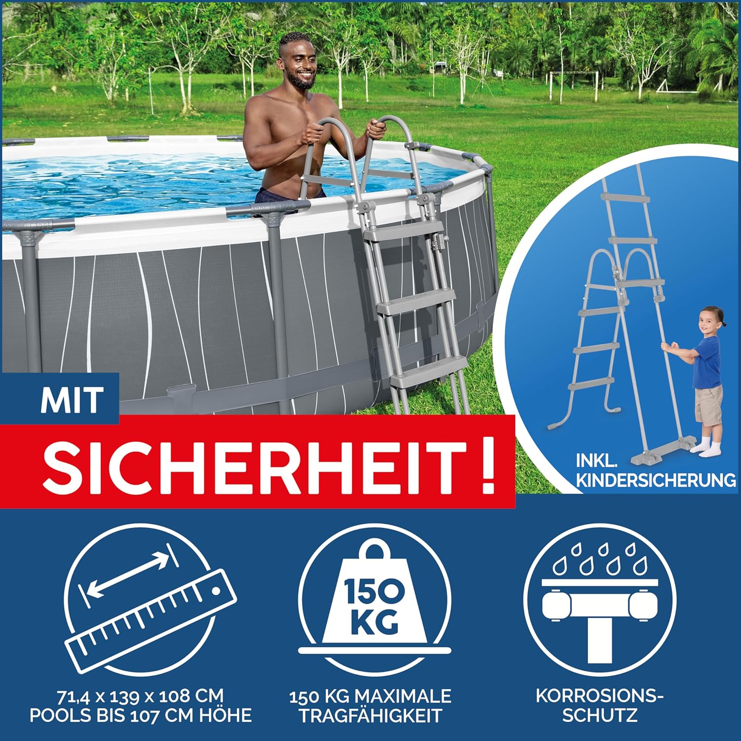 Bestway Steel Pro MAX Frame Pool Komplett-Set mit Filterpumpe Ø 457 x 107 cm, LED-Design, rund