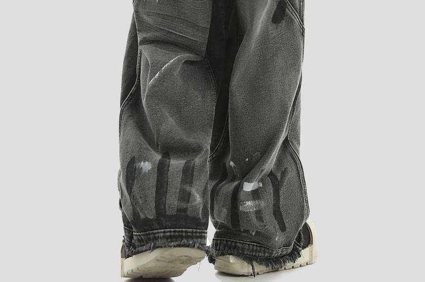 INStudio - Mid Rise Print Washed Rafeled Wide Leg Jeans