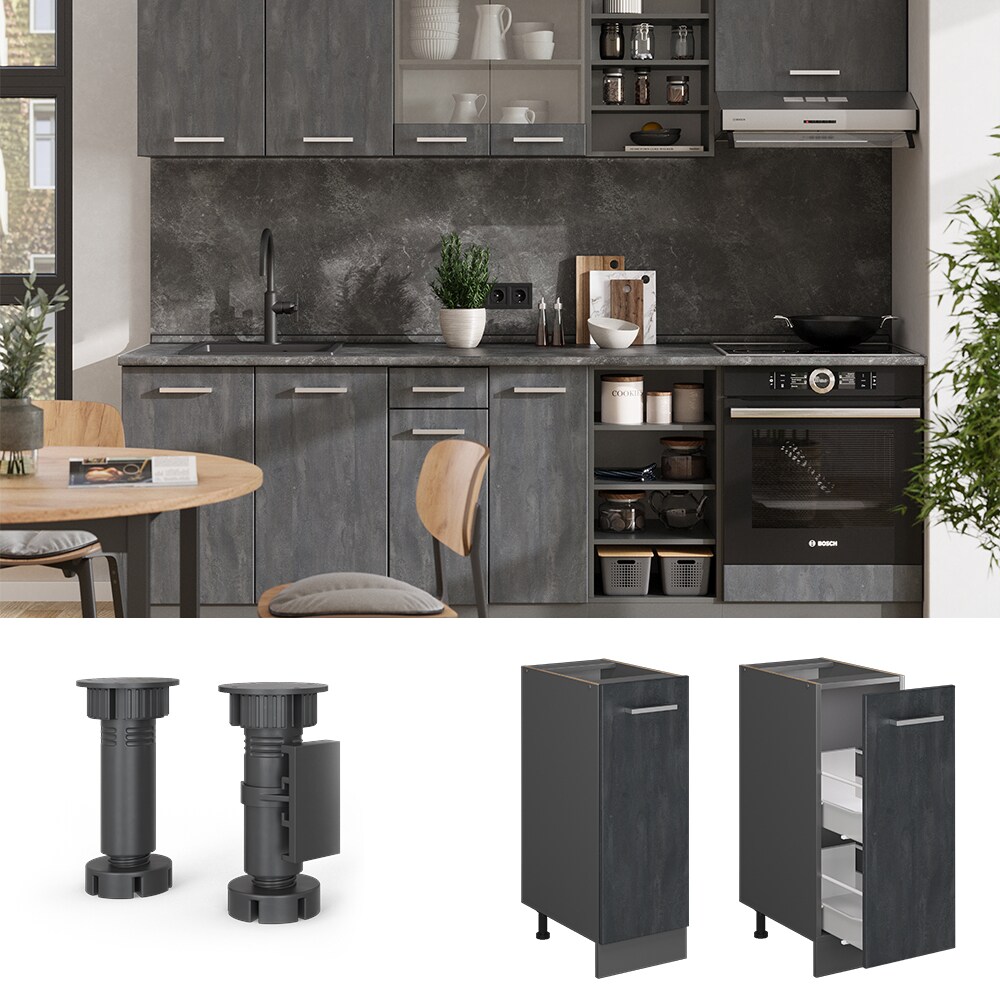 Vicco Apothekerunterschrank R-Line Schwarz Beton Anthrazit 30 cm mit Arbeitsplatte Weiß-Marmor