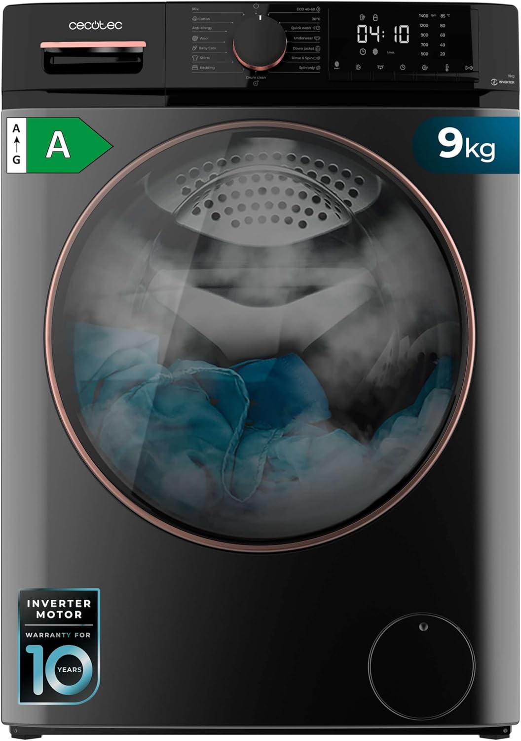Cecotec Lave-linge 8 kg Bolero DressCode 8610 Inverter Steel A. Chargement Frontal, 1400 RPM, SteamMax, Motor Inverter Plus, 15 Programmes, OnSmart, Stop&Go, DrrumClean, Caoutchouc Antibactérien