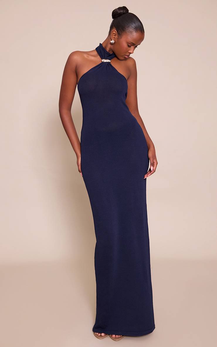 Bleu Marine Robe Longue Tricotée Col Licou Avec Détails Contrastants