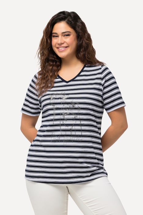 T-Shirt, Ringel, Metallic-Tiermotiv, V-Ausschnitt, Halbarm