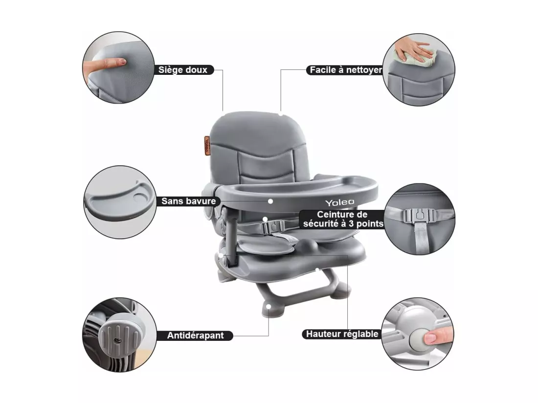 YOLEO Réhausseur Chaise Enfant Pliable,Chaise Haute Bébé Portable,Bébé Chaise repas en Hauteur Réglable,Plateau Amovible,6 mois à 3 ans,Gris avec Coussin