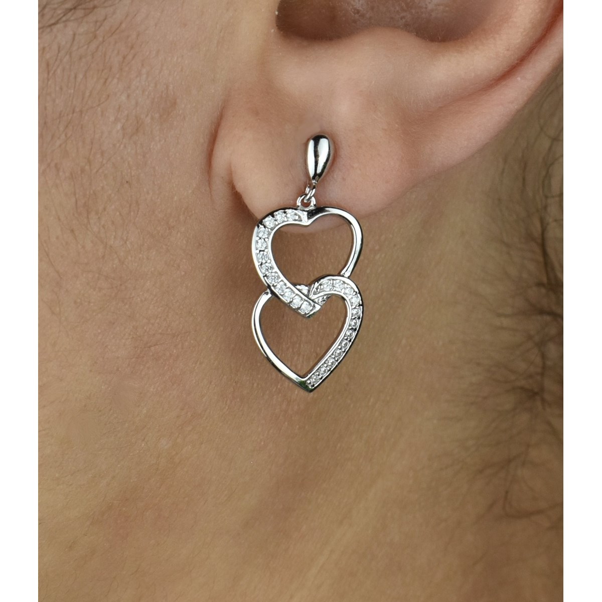 Boucles d'oreilles 2 coeurs superposés sertis d'oxydes de zirconium Argent 925 Rhodié