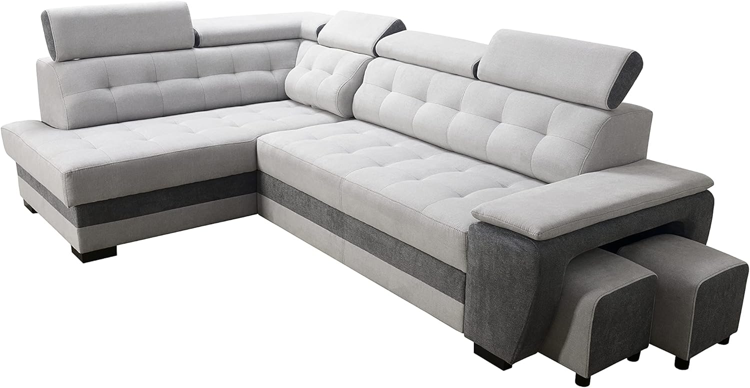 Robin Grand Ecksofa mit Schlaffunktion Bettkasten Kopfstützen Relaxfunktion 2 Hocker Sofa L-Form Schlafsofa Freistehende Eckcouch Schlafcouch Wohnzimmermöbel Wohnlandschaft Links Silver Anthracite