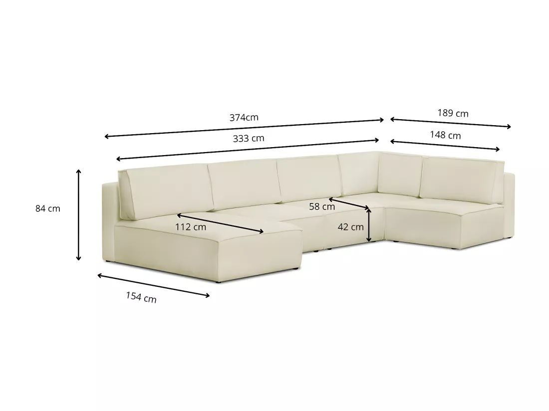 Canapé d'angle à droite panoramique convertible modulable 8 places avec 2 poufs en tissu bouclé écru - Harper Mod