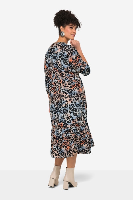 Maxikleid, A-Linie, Leomuster, Tunika-Ausschnitt, 3/4-Ärmel
