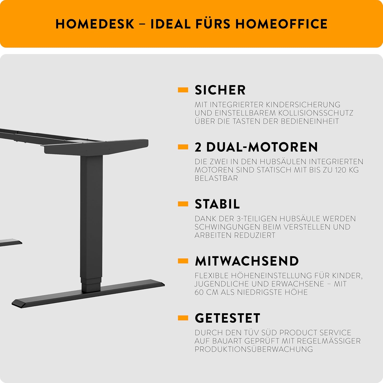 boho office® Höhenverstellbarer Schreibtisch Gestell – Elektrisch stufenlos, inkl. Wireless Charger, 2 Motoren, 3-Fach Teleskop, Memoryfunktion, Kollisionsschutz, Kindersicherung – Homedesk Schwarz