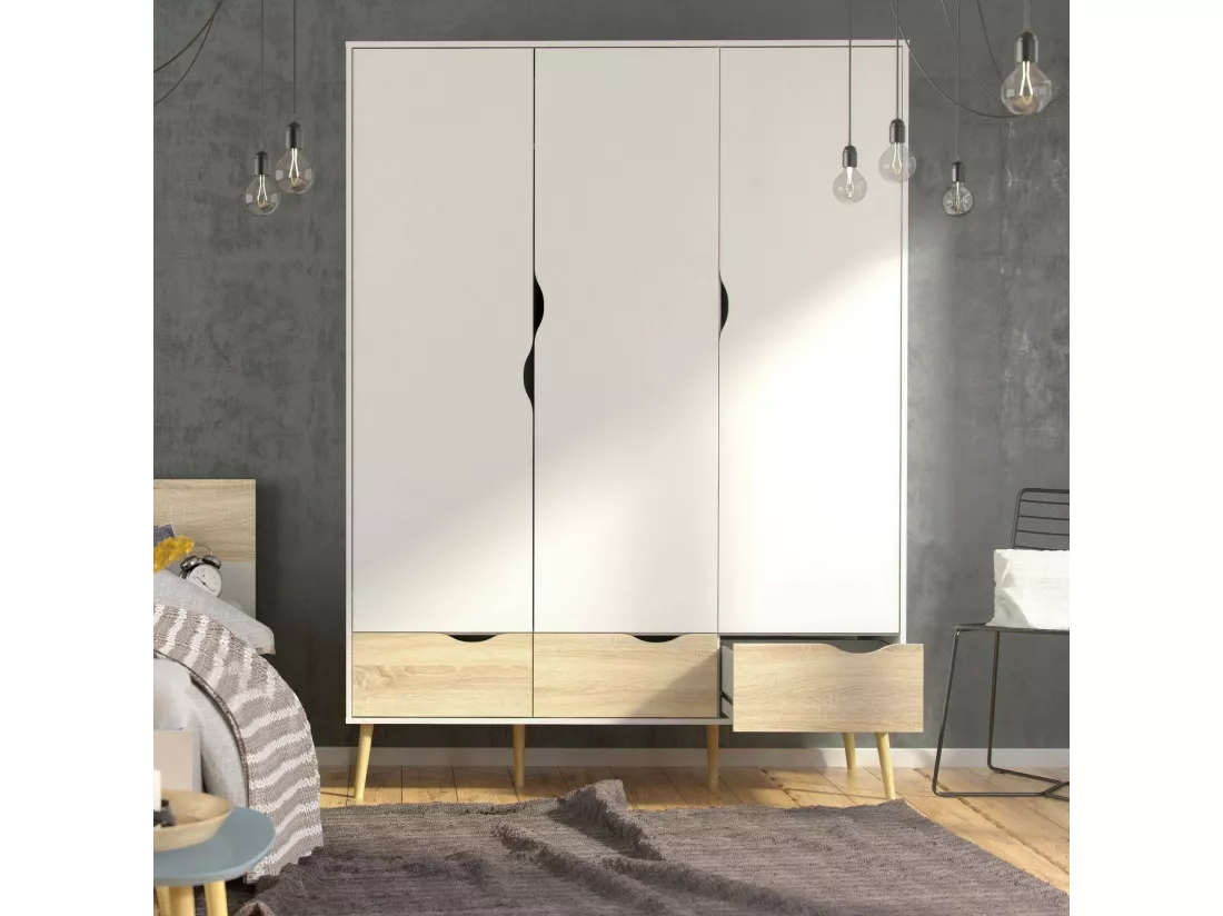 Garde-robe 3 portes Dselv, Meubles de chambre, Penderie de plain-pied, Placard à vêtements, 147x58 h200 cm, Blanc et chêne