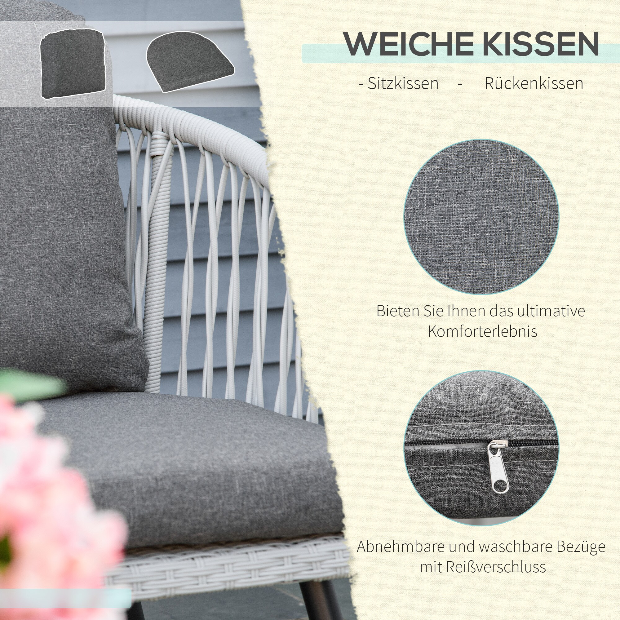 Outsunny Gartenmöbel-Set mit Kissen grau 174L x 70B x 76H cm