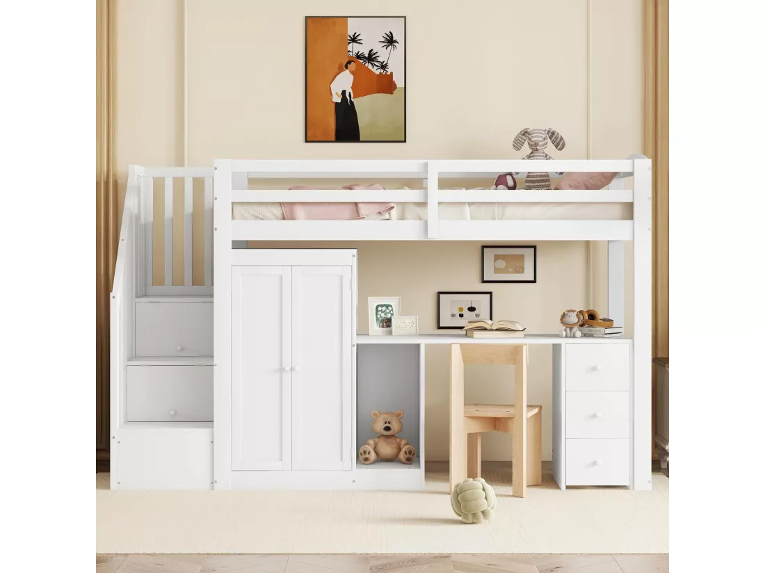 Lit mezzanine 90 x 200 cm avec armoire, bureau, tiroirs et penderie - bois de pin + MDF - blanc (sans matelas)