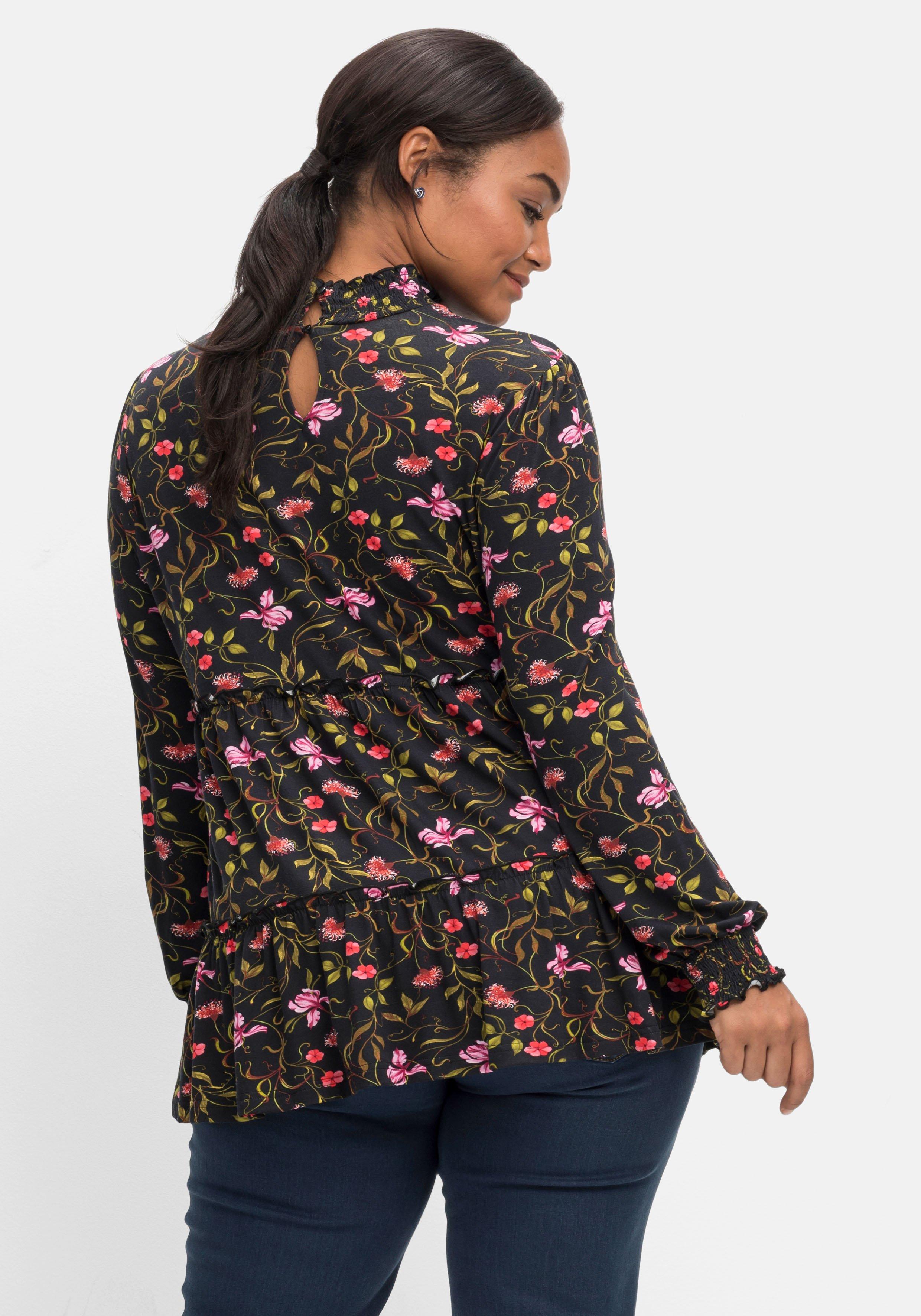 Langarmshirt mit Smokdetails und Volant am Saum