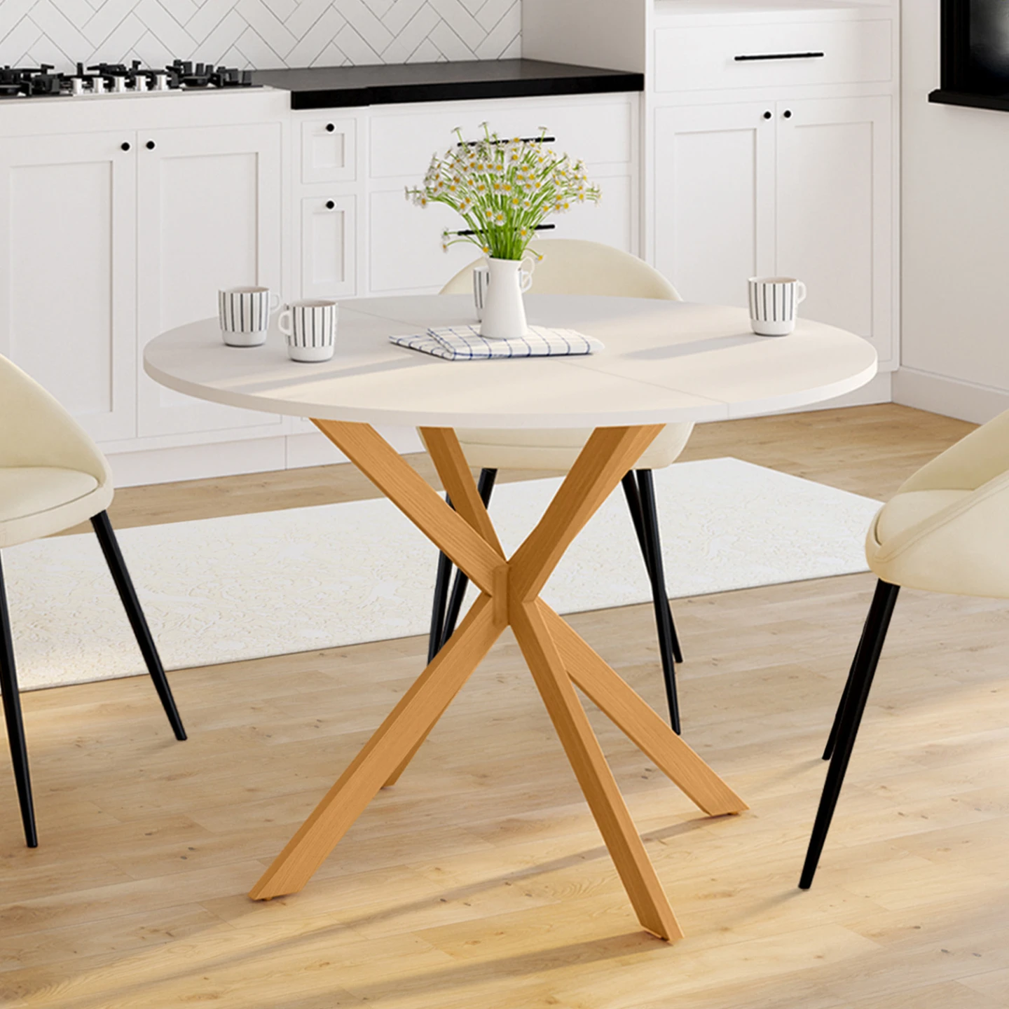 Table à manger ronde GISELE 6 personnes pied araignée bois plateau blanc 110 cm