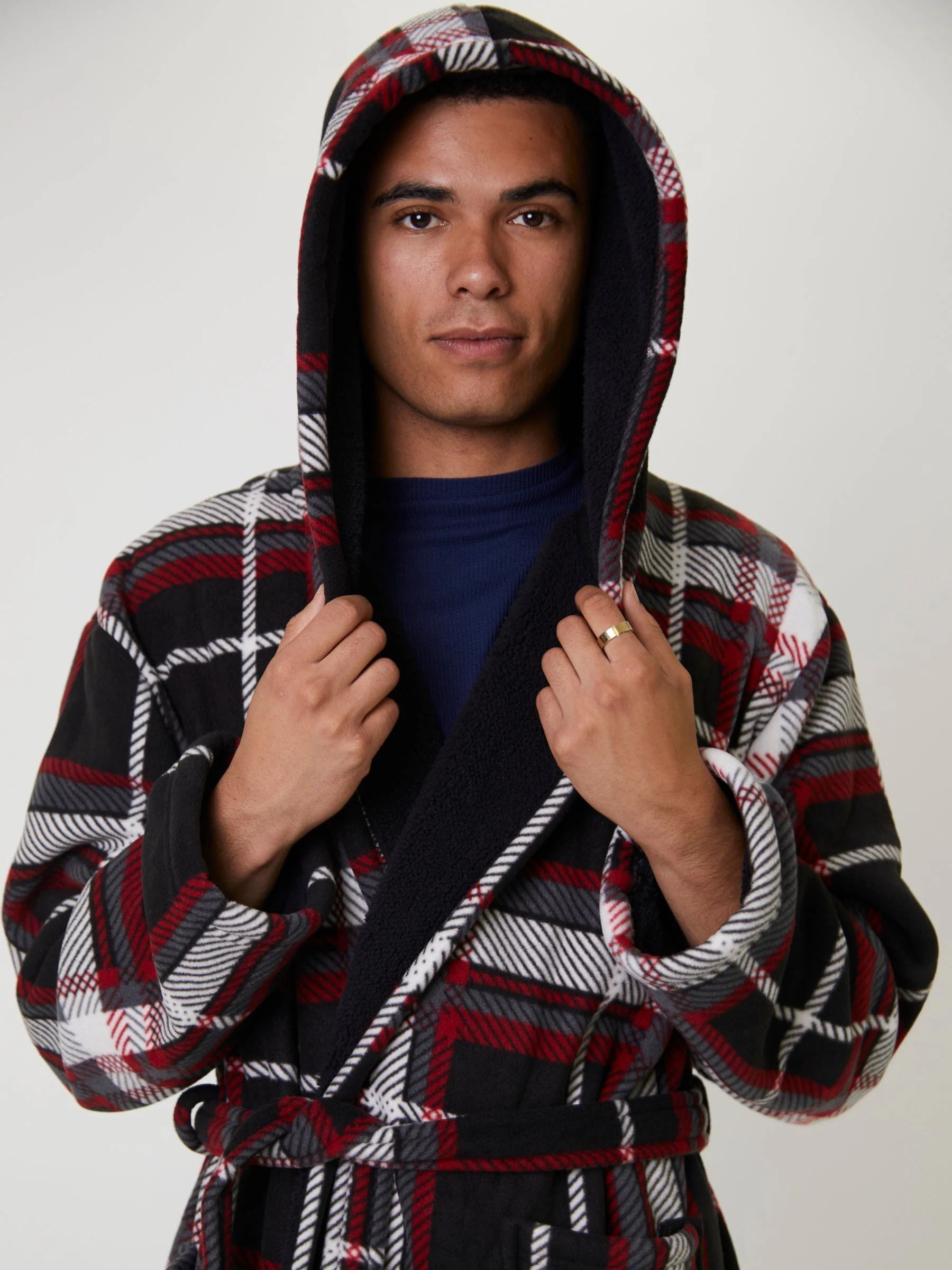 Rood - Loungeable Ruit bonded fleece gevoerde kamerjas met capuchon