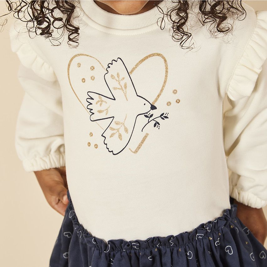 Robe bi-matière effet 2 en 1 print oiseau pour bébé fille - Ecru