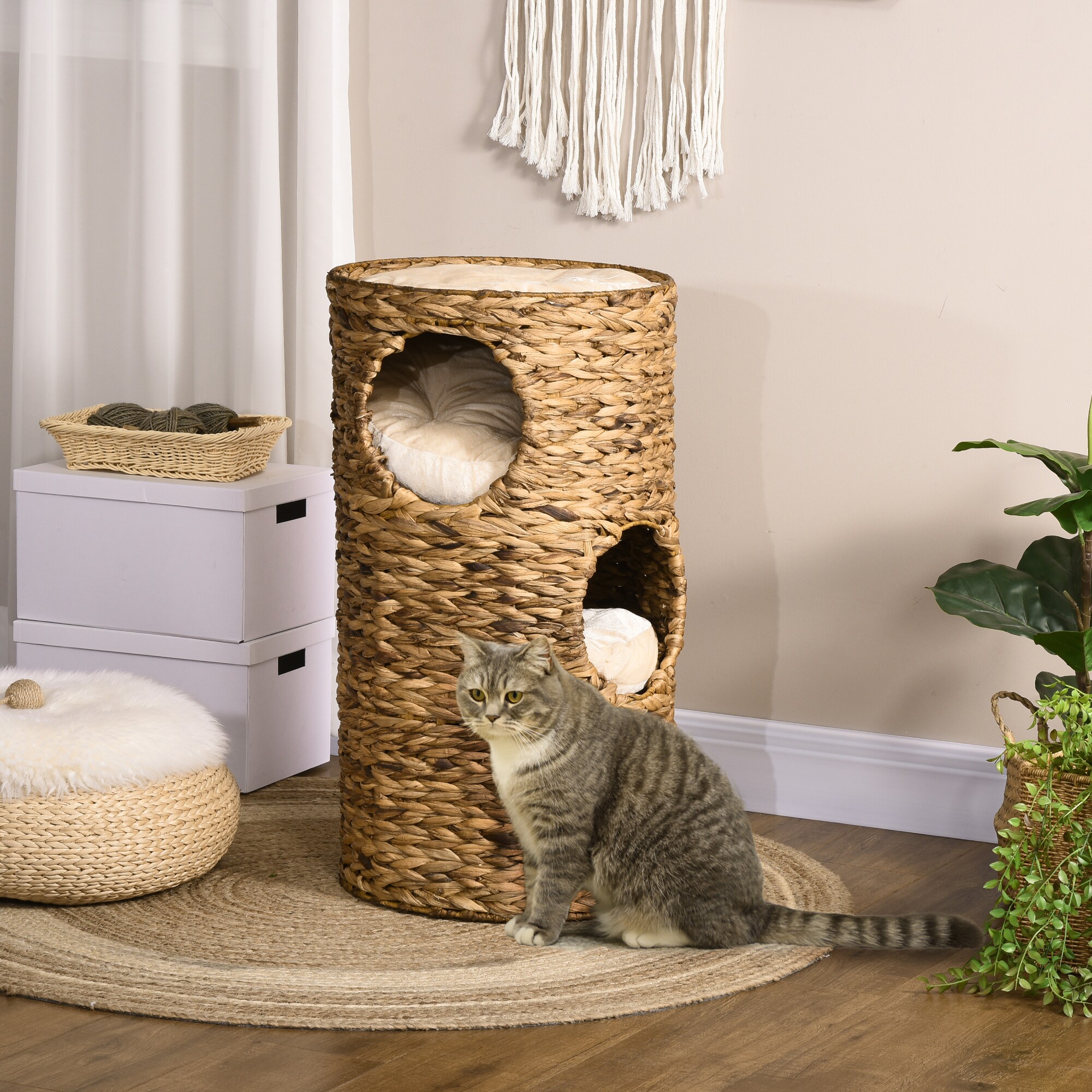 PawHut Katzenturm mit Kissen und 3 Eingängen braun 40L x 40B x 73H cm