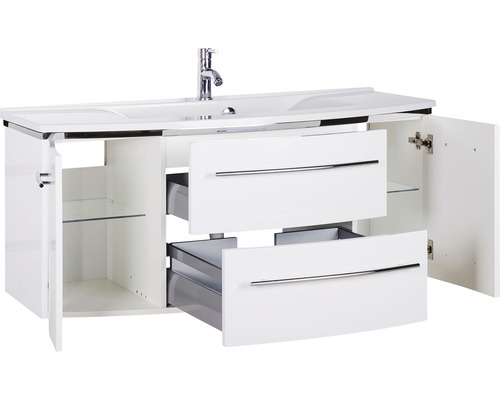 Badkamermeubelset Marlin 3040, frontkleur wit hoogglans, 2-delig met mineraalmarmeren wastafel graniet wit, BxHxD 122 x 90 x 48 cm