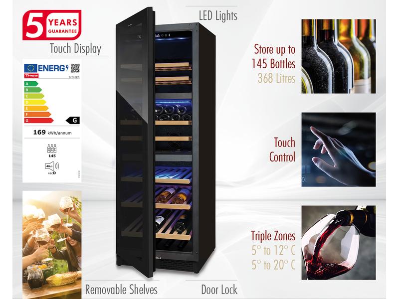 Trisa Weinklimaschrank 7745.0145 Schwarz, Links Edler Weinklimaschrank mit drei separaten Klimazonen und Touch Display