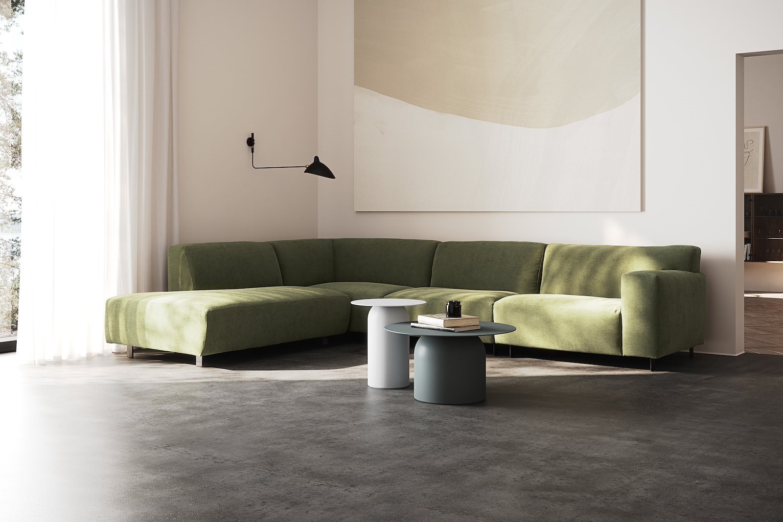 Vesta hjørnesofa 3-seter med åpen ende venstre, Big hjørnemodul, Tekstil Velvety Green, standardsøm, sort metallben 10 cm, Comfort CM