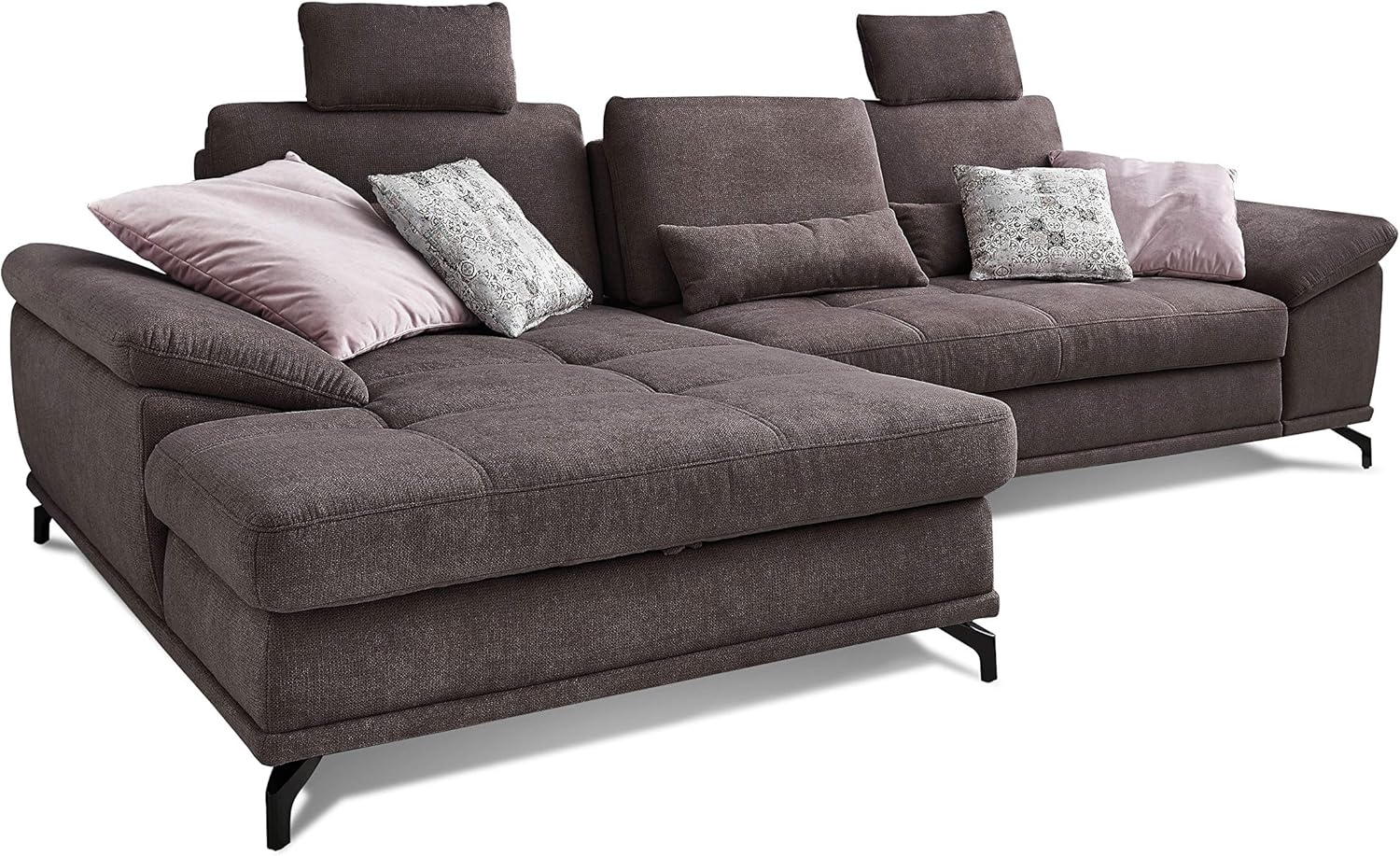 Cavadore L-Form-Sofa Castiel mit Federkern / Große Eckcouch mit Sitztiefenverstellung, Kopfstützen und XL-Longchair / 312 x 114 x 173 / Webstoff, Dunkelbraun