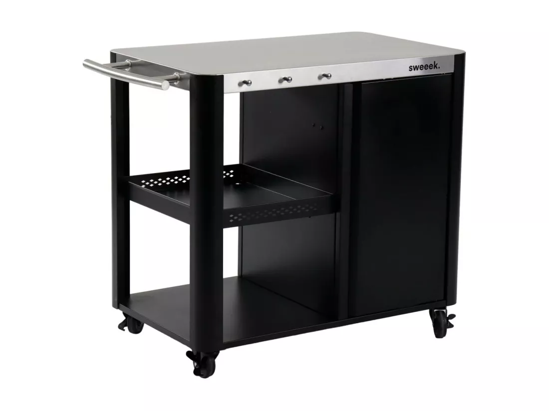 Desserte extérieure ANDY noire mat en acier inoxydable 94.5 cm avec tablette rabattable. L 156 x l 49.5 x H 80 cm