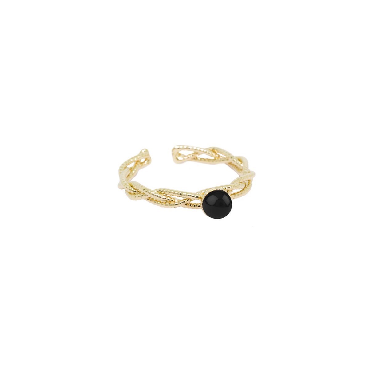 Bague ajustable pierres naturelles Agate noire raffinée dorée à  l'or fin 24K TORSADÉE