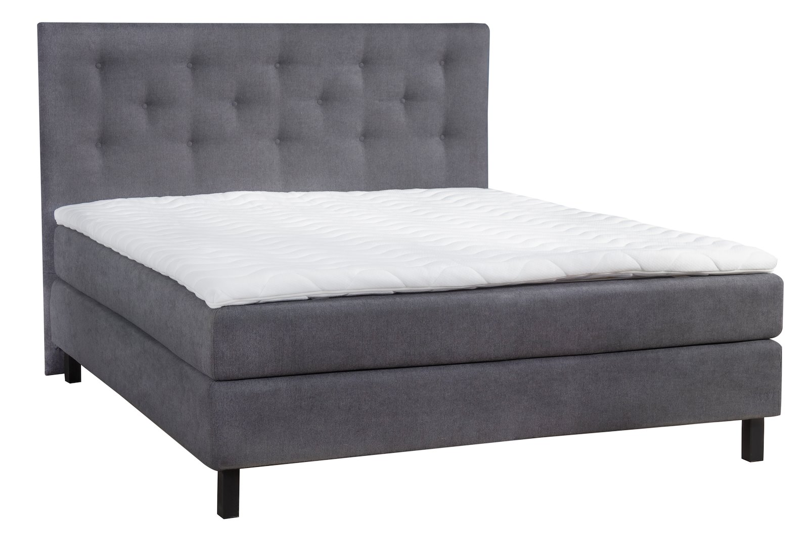 Komfort 5 kontinentalseng 150x200 cm i tekstil Primo mørk grå 96 med medium/medium fasthet, Komfort 5 overmadrass og firkantet sorte ben 15 cm