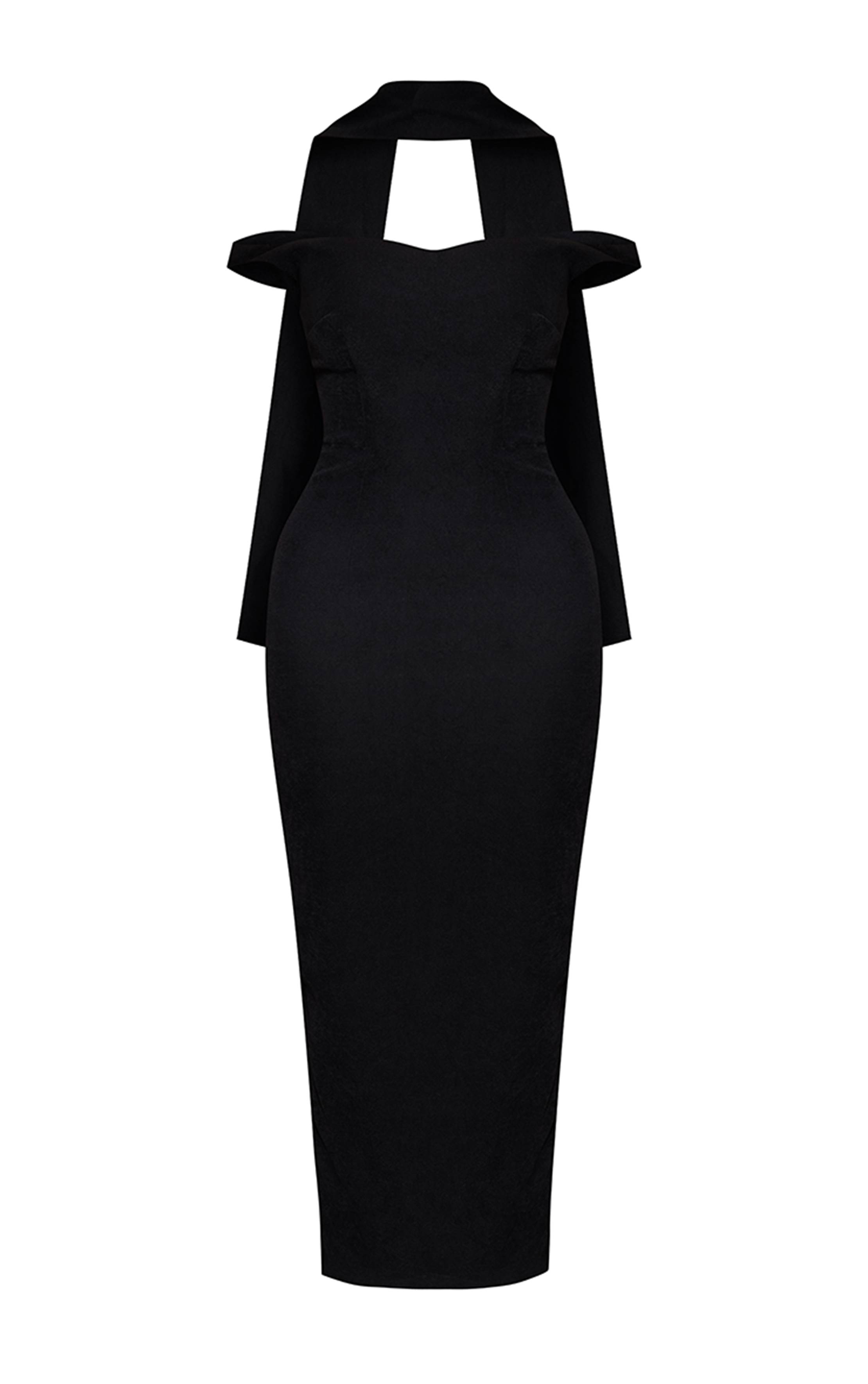 Noir Robe Mi-longue Bardot Premium Tissée Avec Détail Foulard Au Col