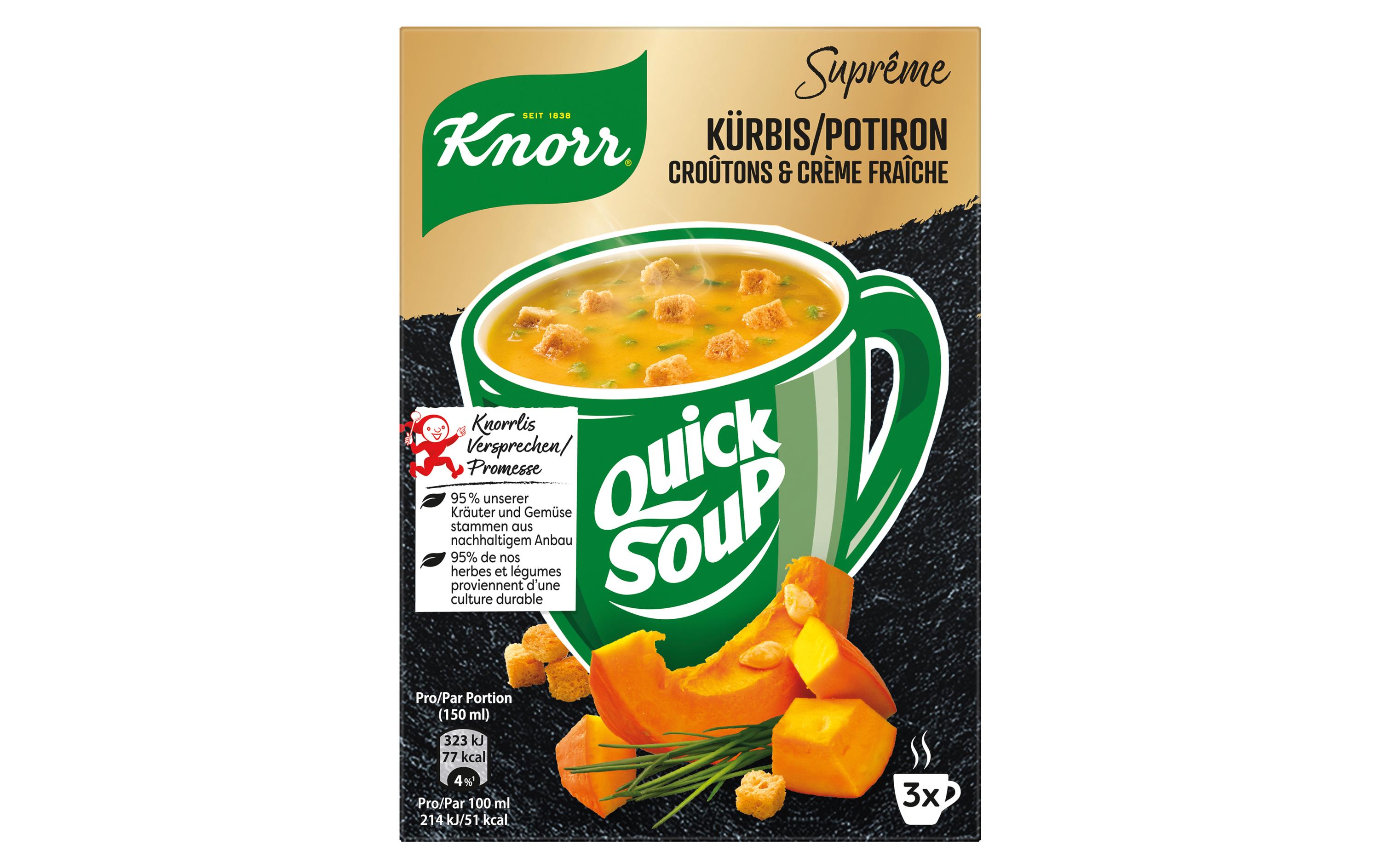 Quick Soup Kürbis, Croûtons und Crème Fraiche 3 PortionenKürbissuppe mit Croûtons und Crème fraîche