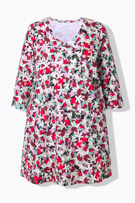 Longshirt, Blüten, A-Linie, V-Ausschnitt, 3/4-Arm, bordeaux