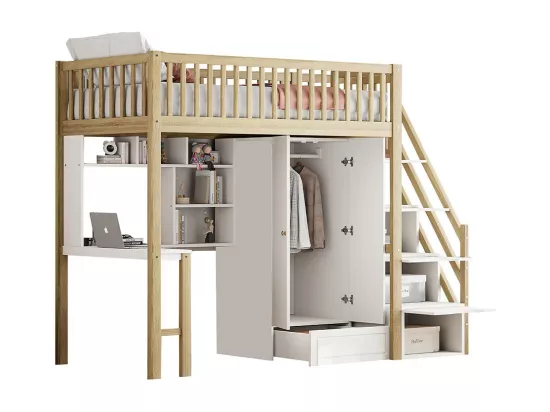 Lit mezzanine 90x200 avec grande armoire étagère et table espace de rangement escalier lit polyvalent blanc+naturel