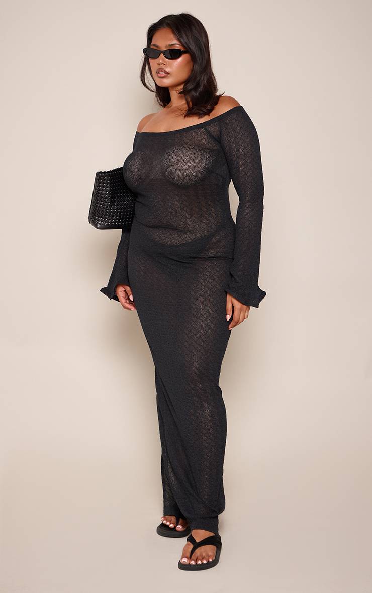 Noir Robe Longue Grande Taille À Manches Longues Texturée