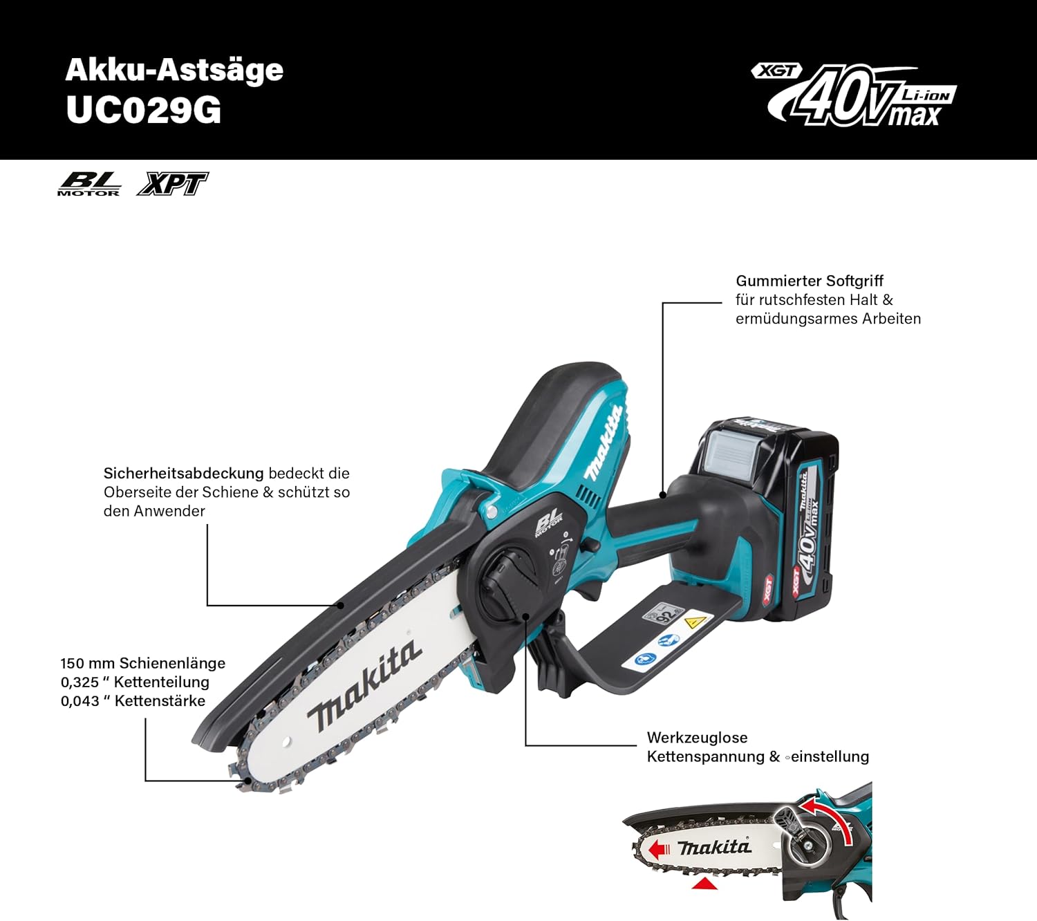 Akku-Astsäge, 40V, 15 cm Schnittlänge, 8 m/s Kettengeschwindigkeit, Petrol-Schwarz UC029GZ