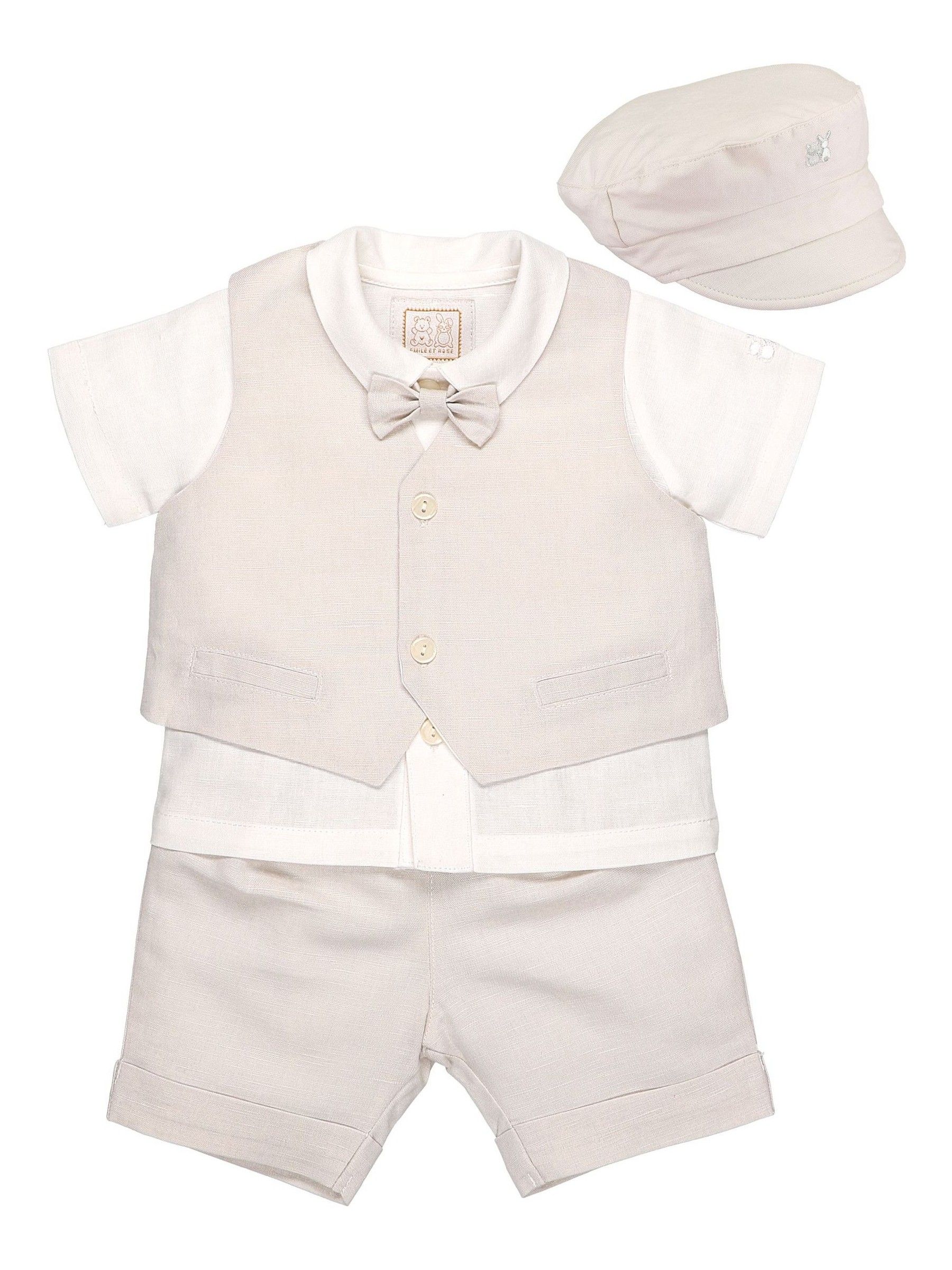 Emile Et Rose - Naturelle driedelige linnen set met short en bakkersknechtpet