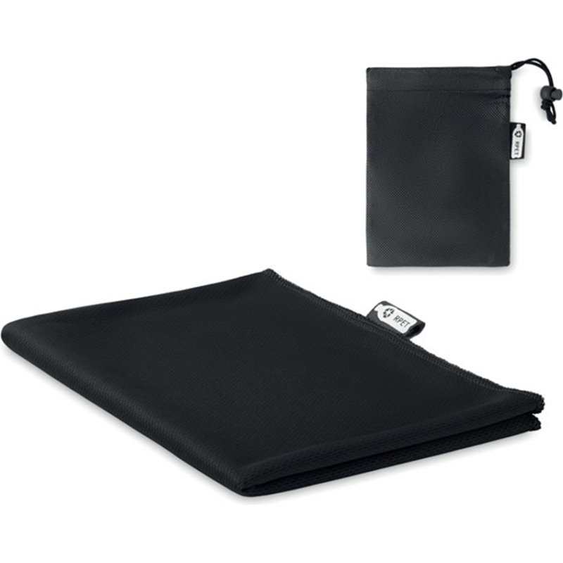 Serviette de sport avec pochette publicitaire en RPET toucher microfibre 30 x 80 cm - marquage 1 couleur
