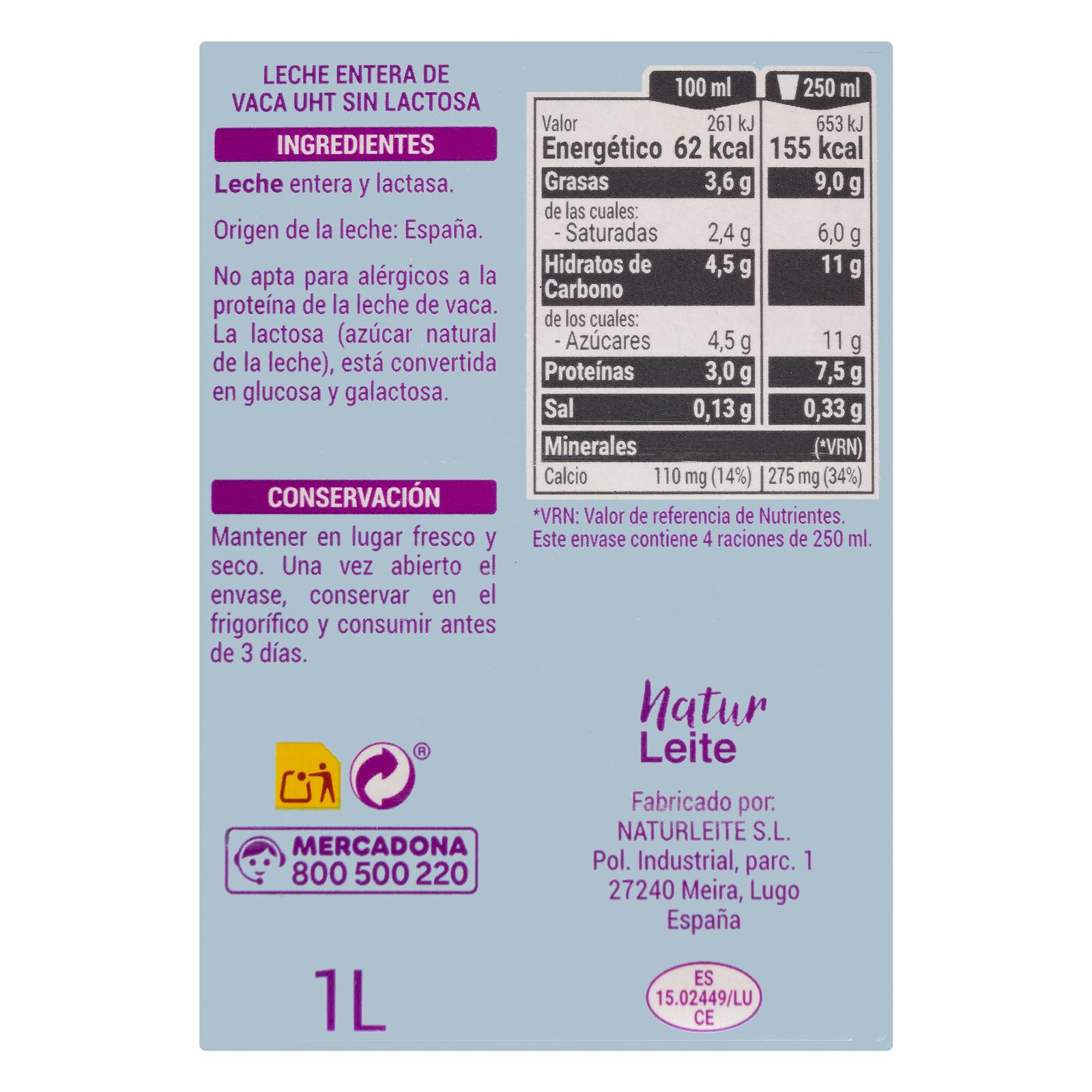 Lait entier sans lactose Hacendado