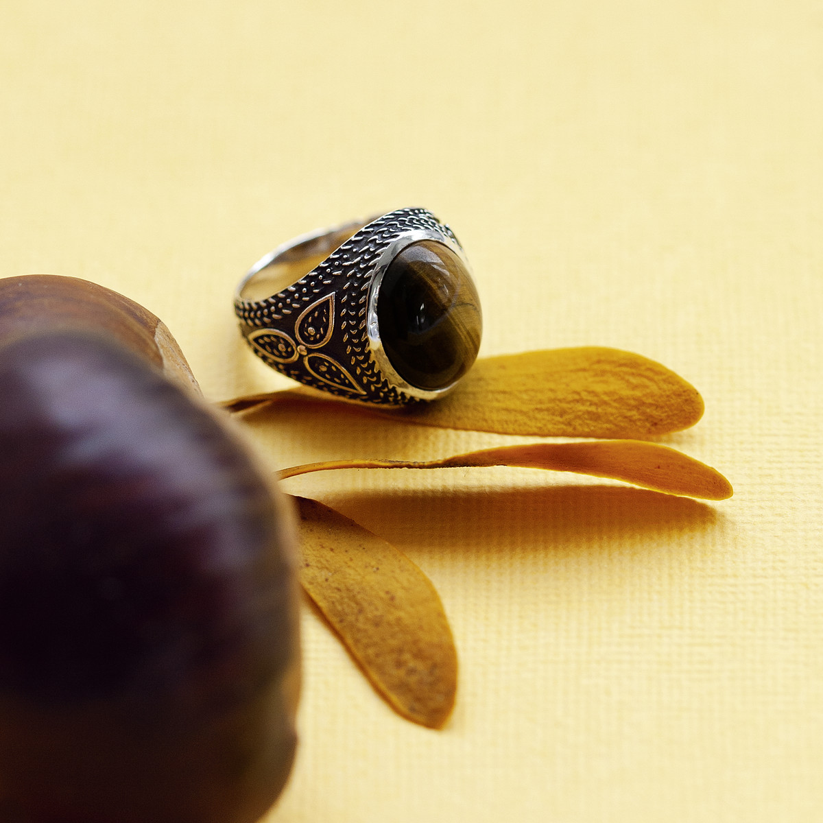 Bague argent 925 vieilli oeil de tigre