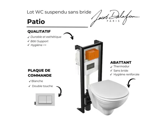 WC suspendu sans bride JACOB DELAFON Patio + bâti-support + abattant