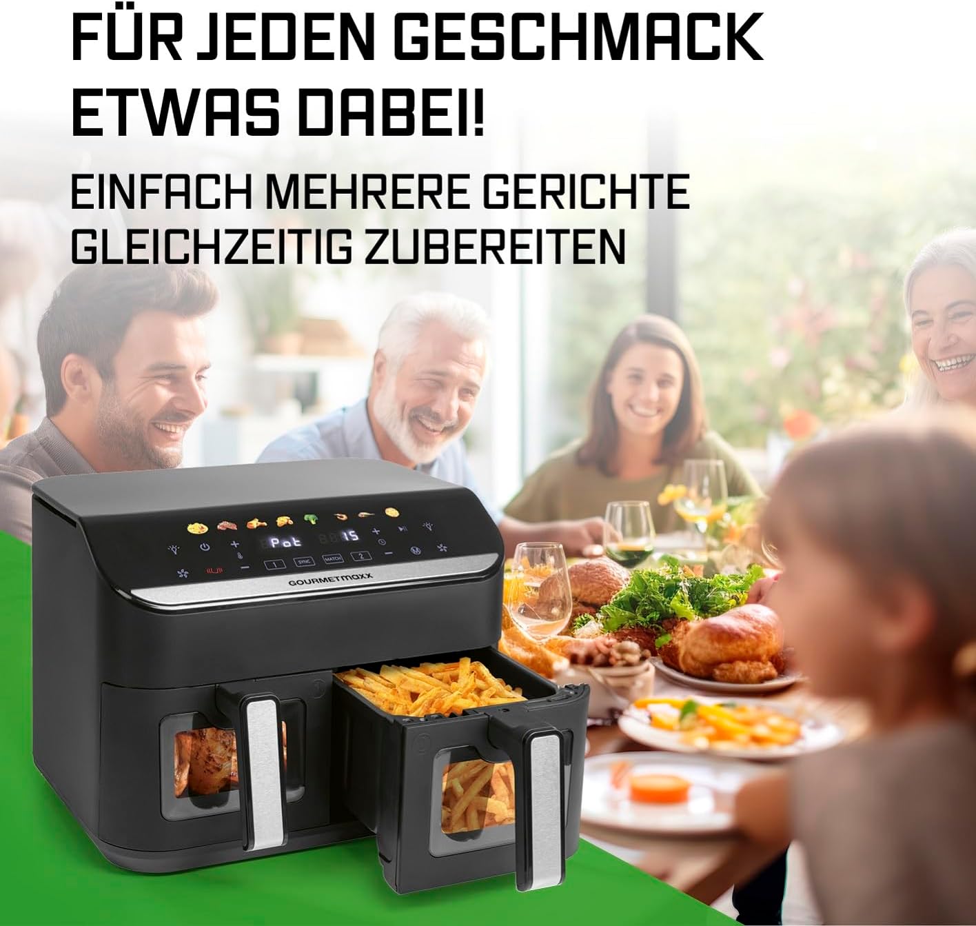 GOURMETmaxx AirGenius Heißluftfritteuse, 9 L - 2 x 4,5 L Airfryer | Fritteuse mit 8 Programmen | Heißluftfritteuse 2 Kammern - 2 Speisen gleichzeitig, für max. 8 Personen | Multi-Color Touchscreen