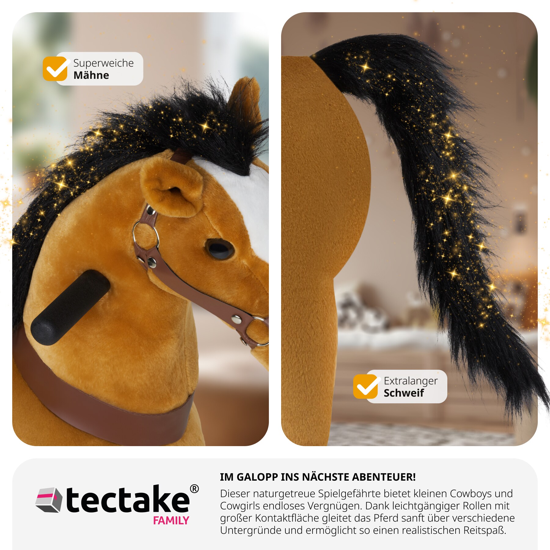 tectake® Schaukelpferd auf Rollen, verschiedene Größen, realistisches Design, leichtgängig, hohe Belastbarkeit, rutschfeste Gummigriffe und -pedale