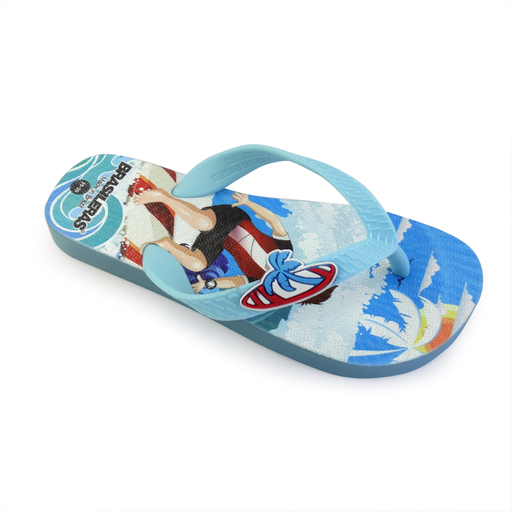 Chinelo de praia brasileiro, estampado com 20 surfistas, fabricado no Brasil.
