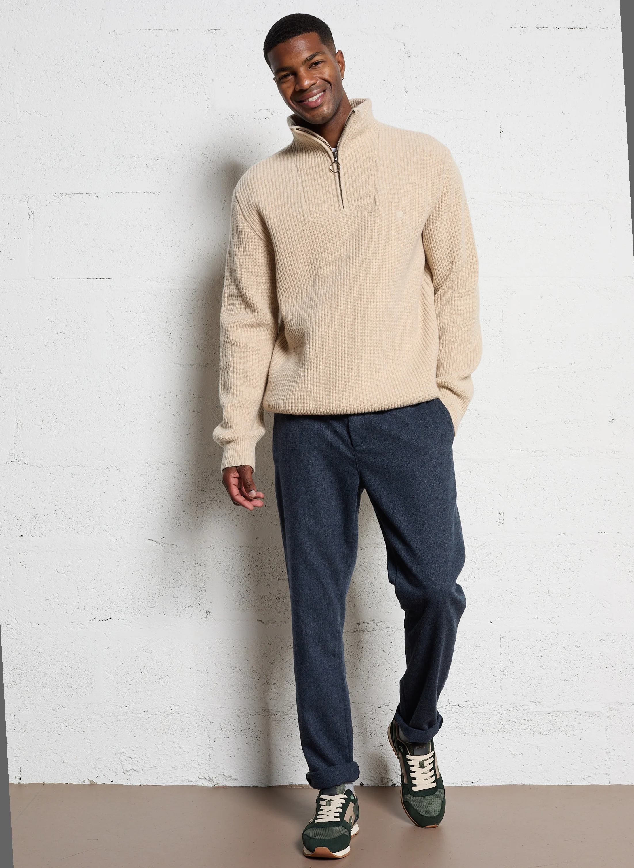 ARDENNE - Pull côtelé zippé en laine mélangée | Beige