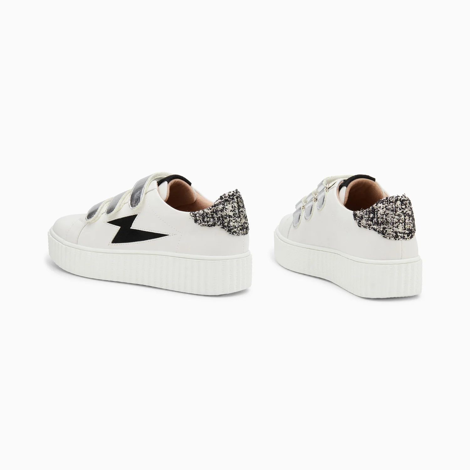 Sneakers-Baskets éclair Pomeline blanc et noir à scratchs argent