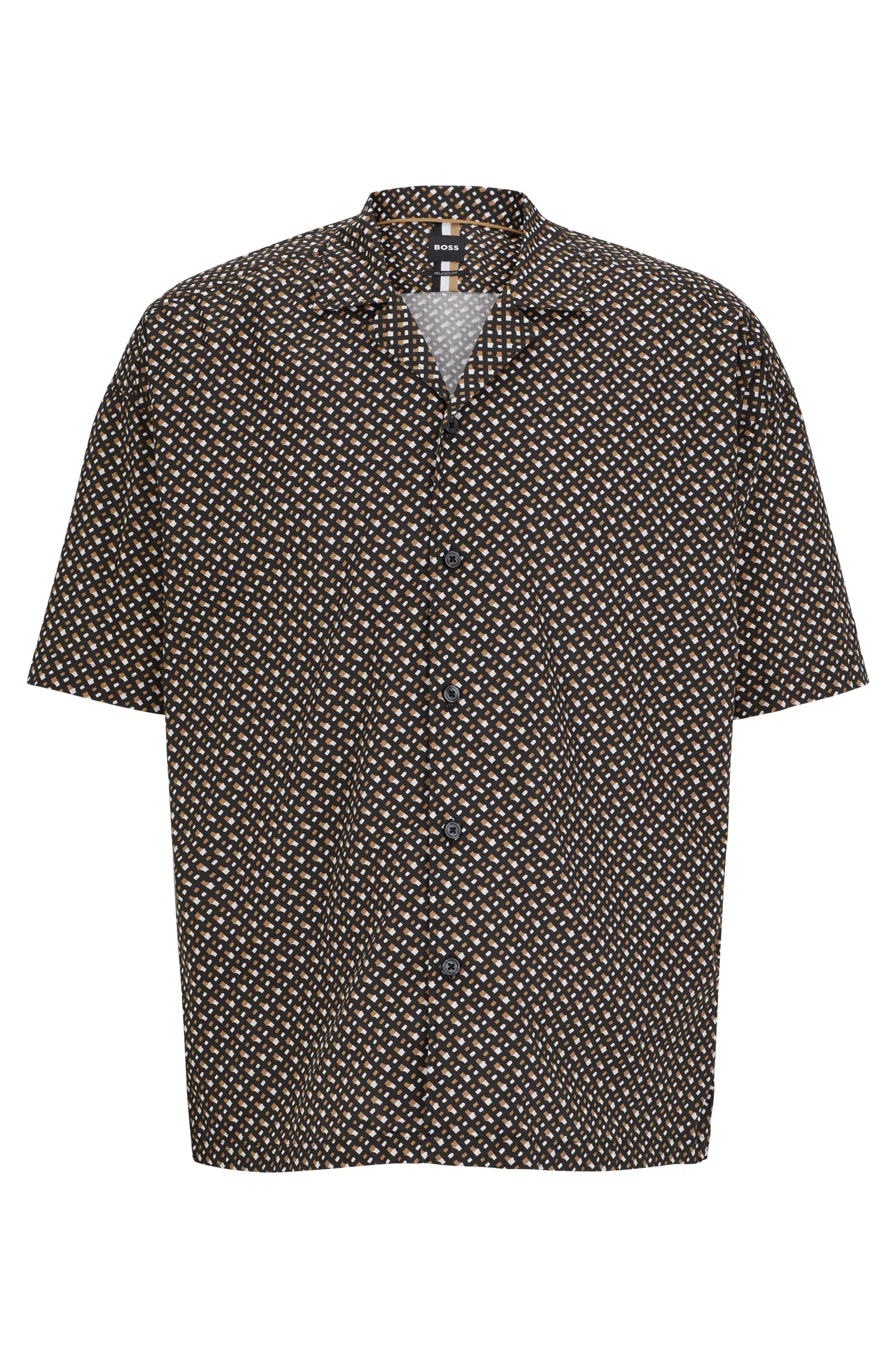 Camisa BOSS preta de corte relaxado em algodão elástico com monograma.