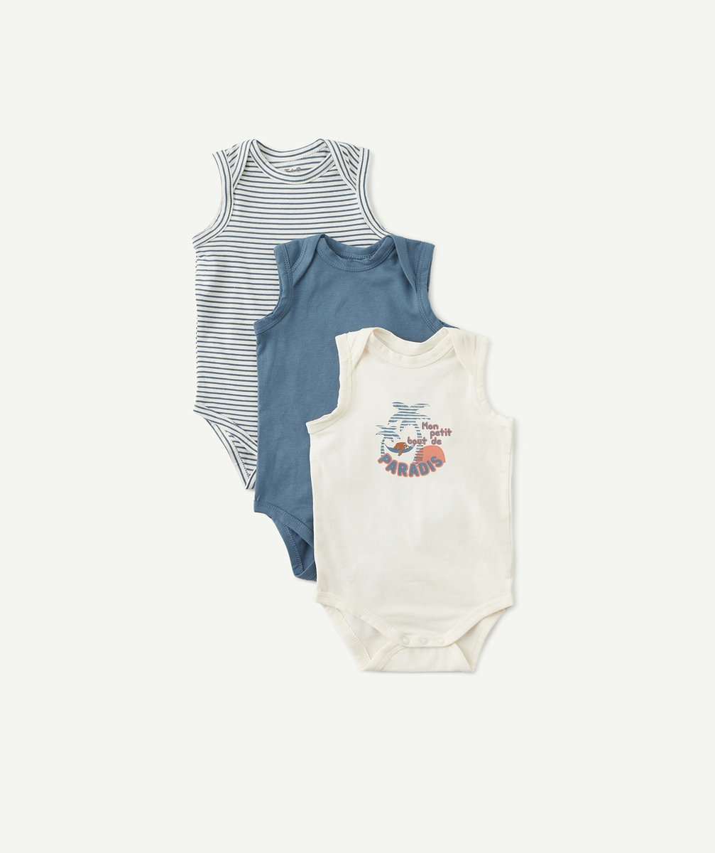 LE LOT DE 3 BODIES BLEUS UNI RAYÉ ET ANIMATION EN COTON BIOLOGIQUE