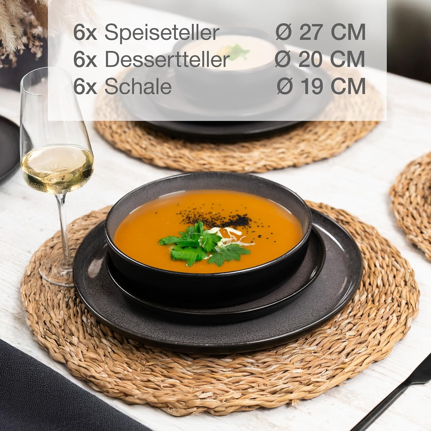 Moritz & Moritz VIDA Geschirrset 6 Personen Anthrazit 18-tlg. - Modernes Porzellan Geschirr Set - Kratz-, Mikrowellen- & Spülmaschinenfest, Essgeschirr, Tafelservice, Kombiservice 6 Personen