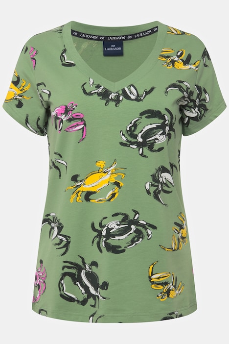 T-Shirt, Krabben Print, V-Ausschnitt, Halbarm
