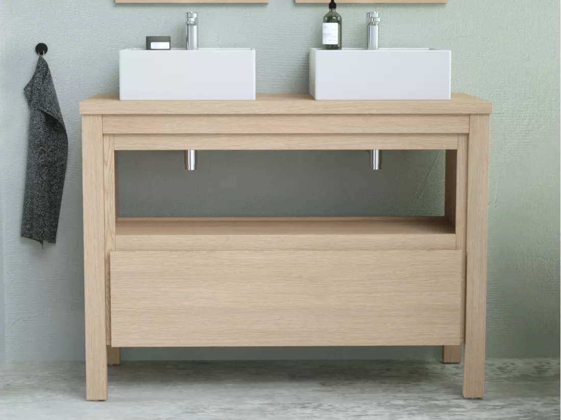 Meuble de salle de bain avec double vasque à poser - Placage chêne - 120 cm - COSMOTI