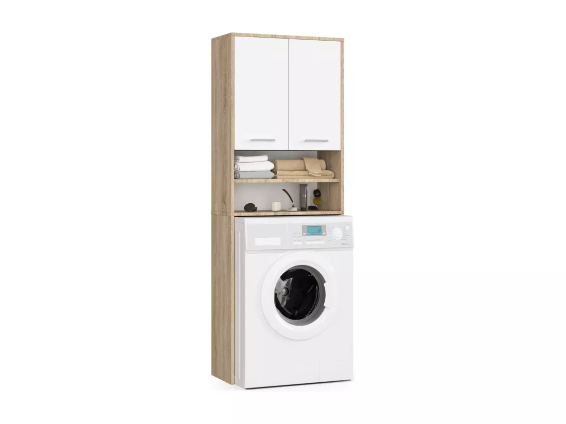 Meuble pour machine à laver FIN Chêne Sonoma 64 cm 2 portes façade Blanche niche 4 étagères 64x30x180 cm